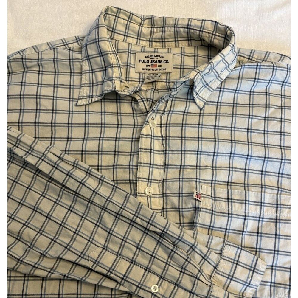 Vintage Polo Jeans Co Ralph Lauren Shirt Men Size XL Long Sleeve Blue Plaid Flag